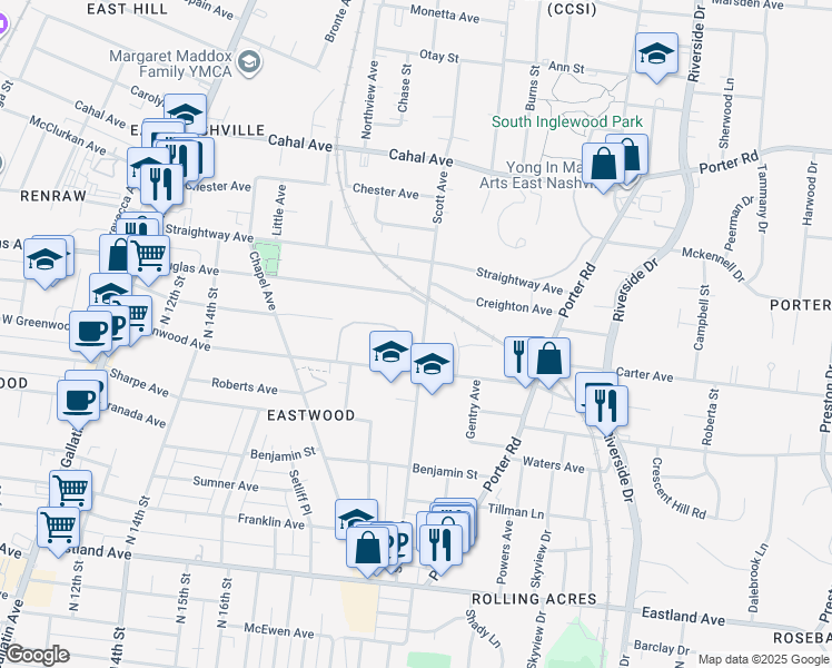 map of restaurants, bars, coffee shops, grocery stores, and more near 407 Scott Avenue in Nashville
