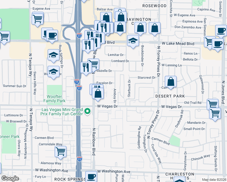 map of restaurants, bars, coffee shops, grocery stores, and more near 6601 Dunsmuir Circle in Las Vegas