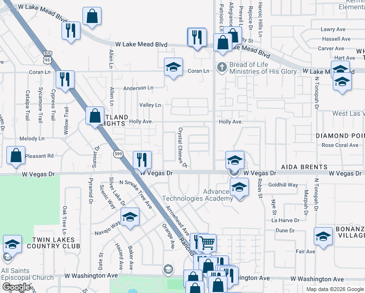 map of restaurants, bars, coffee shops, grocery stores, and more near 1728 Crystal Chimes Drive in Las Vegas