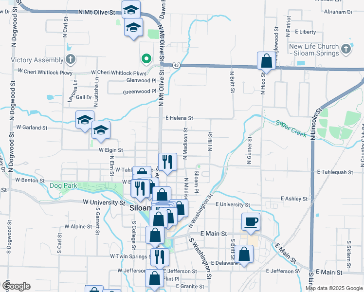 map of restaurants, bars, coffee shops, grocery stores, and more near 620 North Madison Street in Siloam Springs