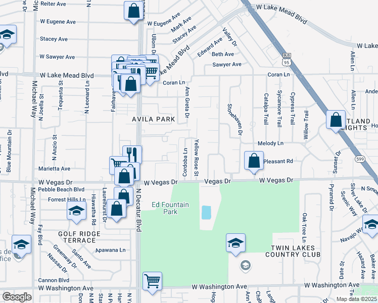 map of restaurants, bars, coffee shops, grocery stores, and more near 1708 Cordoba Lane in Las Vegas