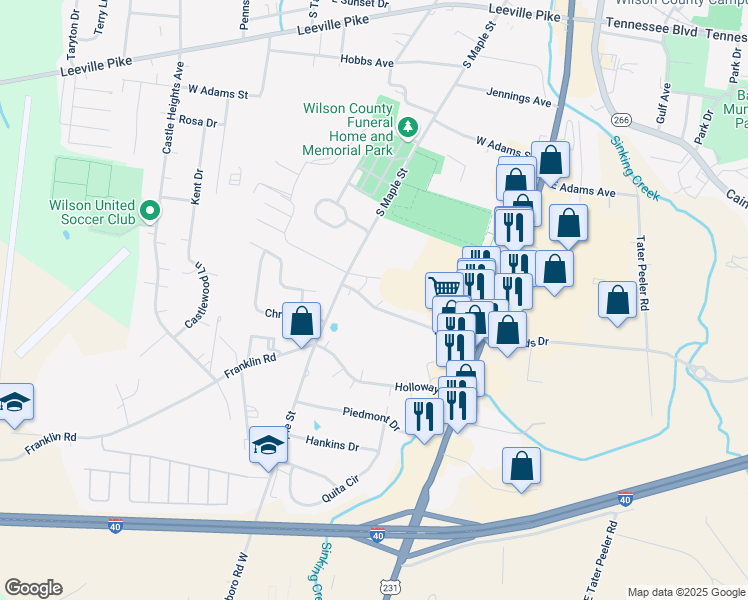 map of restaurants, bars, coffee shops, grocery stores, and more near 215 Ligon Drive in Lebanon