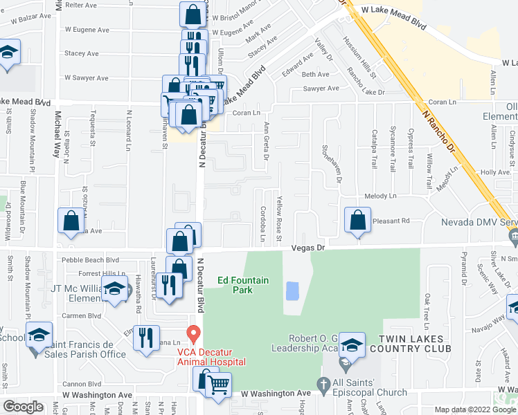 map of restaurants, bars, coffee shops, grocery stores, and more near 1709 Cordoba Lane in Las Vegas