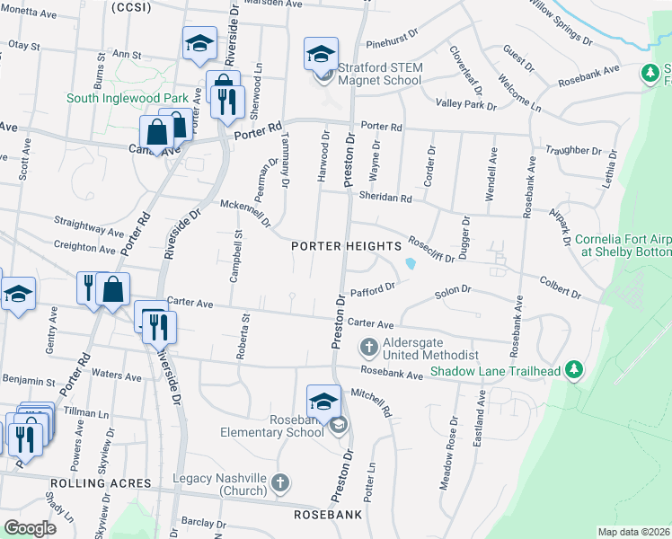 map of restaurants, bars, coffee shops, grocery stores, and more near 1226 Preston Drive in Nashville
