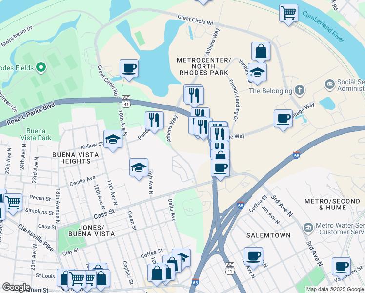 map of restaurants, bars, coffee shops, grocery stores, and more near 330 Athens Way in Nashville