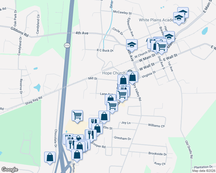 map of restaurants, bars, coffee shops, grocery stores, and more near 130 Lane Avenue in Cookeville