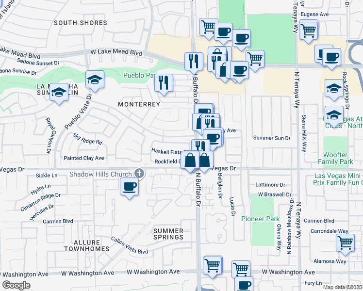 map of restaurants, bars, coffee shops, grocery stores, and more near 7617 Prairie Corners Drive in Las Vegas