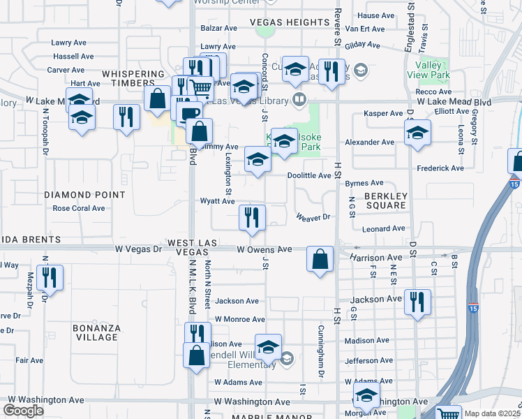 map of restaurants, bars, coffee shops, grocery stores, and more near 1648 J Street in Las Vegas