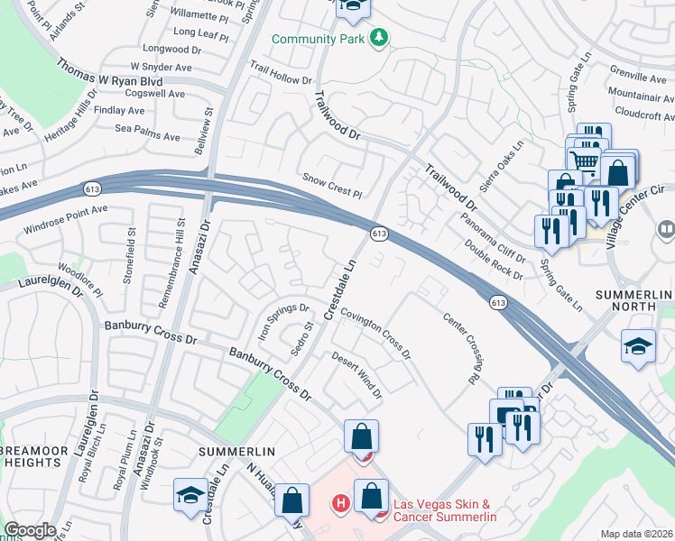 map of restaurants, bars, coffee shops, grocery stores, and more near 1650 Crestdale Lane in Las Vegas