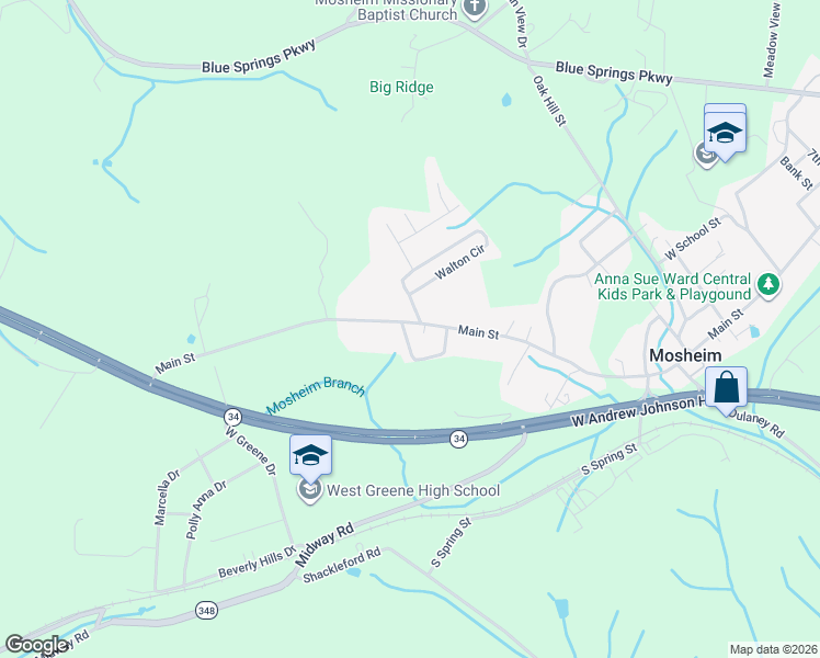 map of restaurants, bars, coffee shops, grocery stores, and more near 1585 Main Street in Mosheim