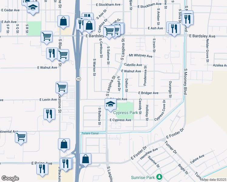 map of restaurants, bars, coffee shops, grocery stores, and more near 1640 East Frances Avenue in Tulare