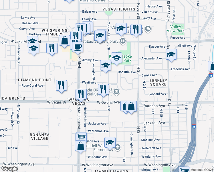 map of restaurants, bars, coffee shops, grocery stores, and more near 1648 J Street in Las Vegas