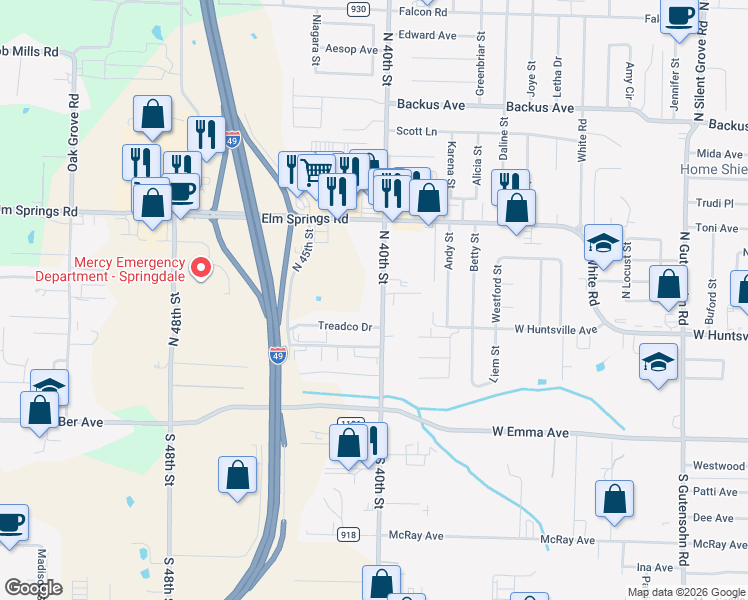 map of restaurants, bars, coffee shops, grocery stores, and more near 598 North 40th Street in Springdale