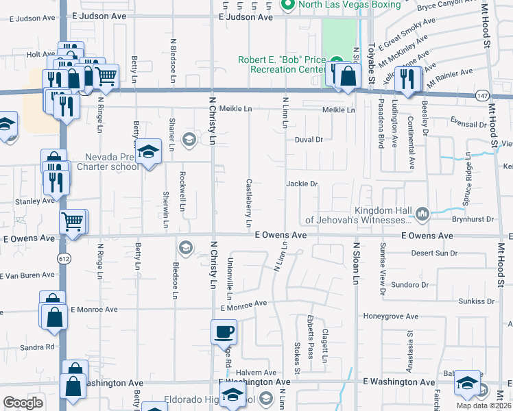 map of restaurants, bars, coffee shops, grocery stores, and more near 1678 Castleberry Lane in Las Vegas