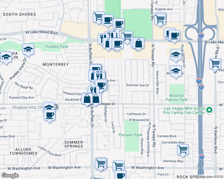 map of restaurants, bars, coffee shops, grocery stores, and more near 7516 Moon Shower Circle in Las Vegas
