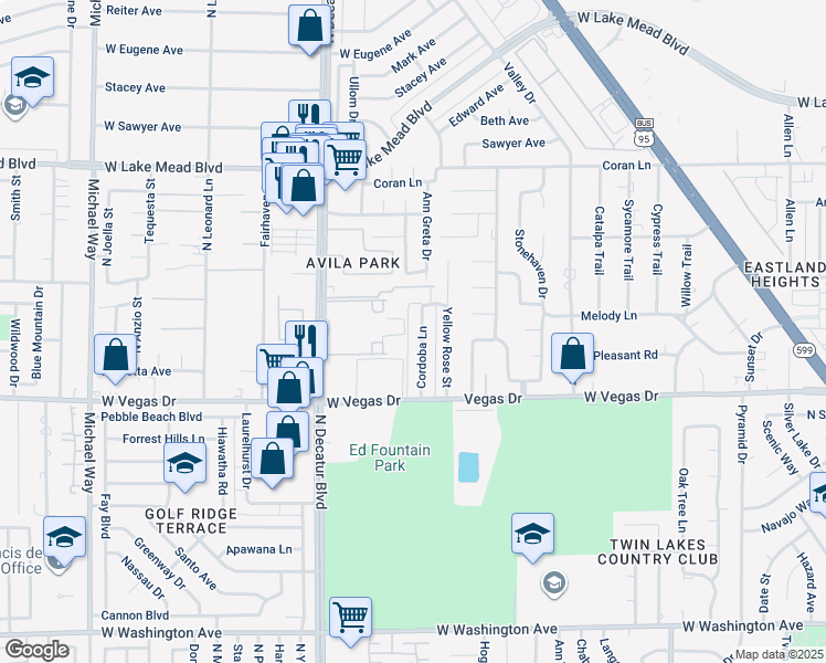 map of restaurants, bars, coffee shops, grocery stores, and more near 1713 Cordoba Lane in Las Vegas