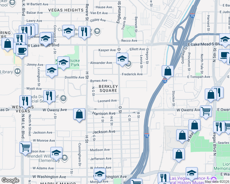 map of restaurants, bars, coffee shops, grocery stores, and more near 1643 E Street in Las Vegas