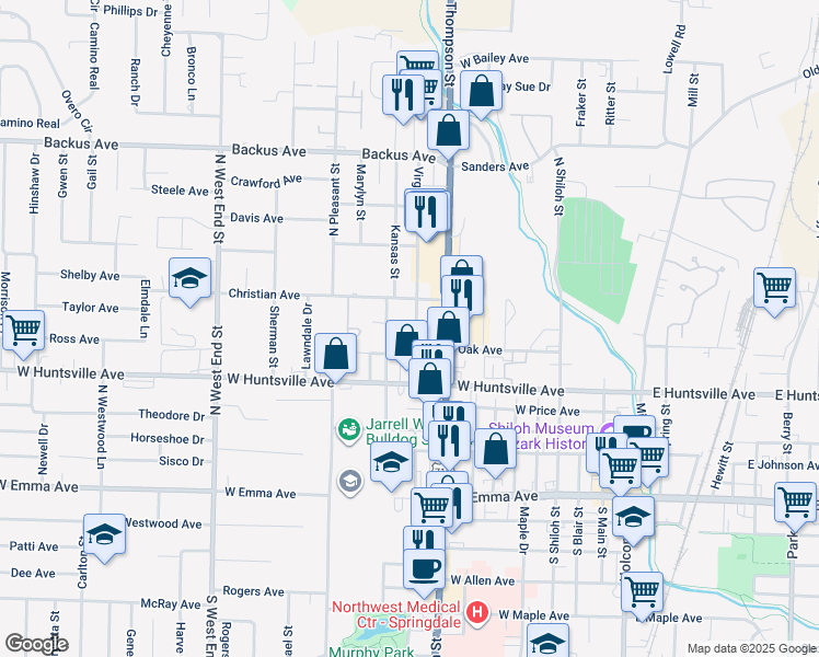 map of restaurants, bars, coffee shops, grocery stores, and more near 1001 Walnut Avenue in Springdale