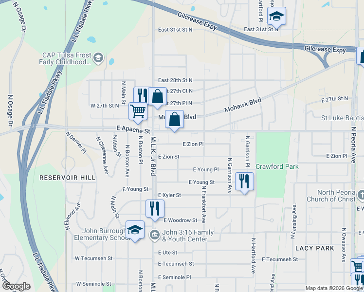 map of restaurants, bars, coffee shops, grocery stores, and more near 308 East Zion Place in Tulsa