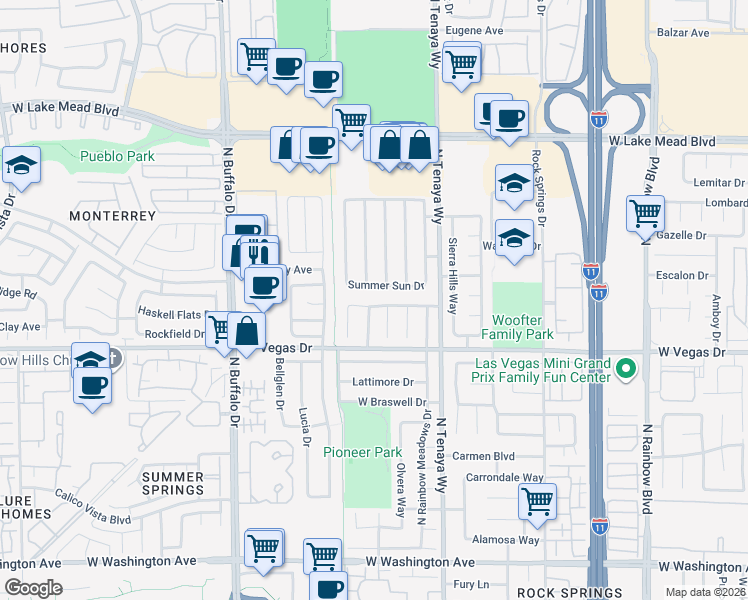 map of restaurants, bars, coffee shops, grocery stores, and more near 7412 Queen Palm Drive in Las Vegas