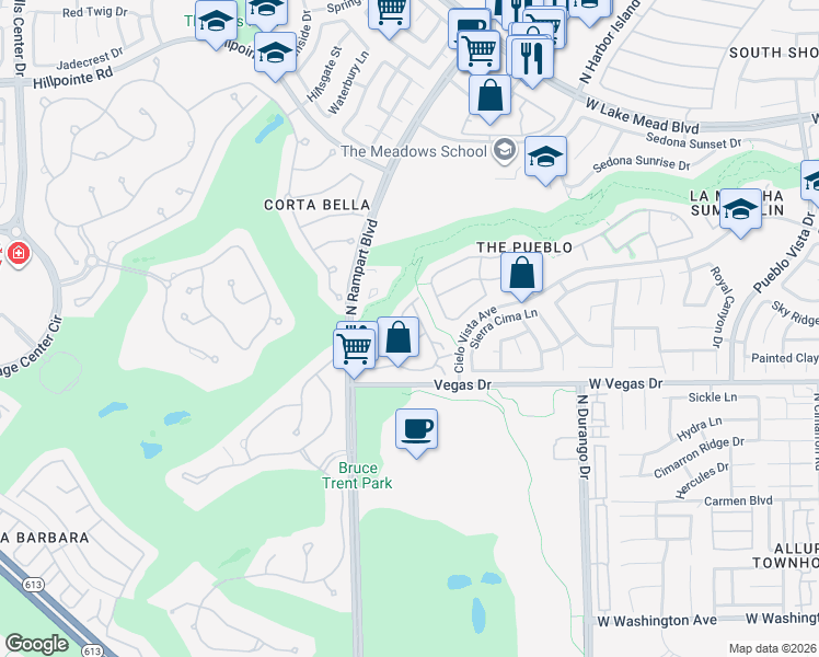 map of restaurants, bars, coffee shops, grocery stores, and more near 8709 Red Rio Drive in Las Vegas