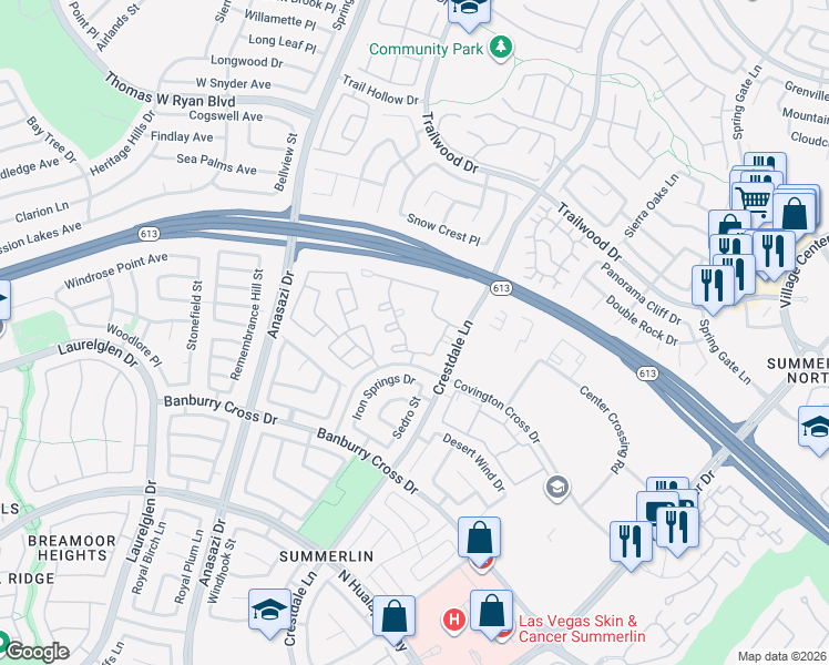 map of restaurants, bars, coffee shops, grocery stores, and more near 10205 Camborne Avenue in Las Vegas