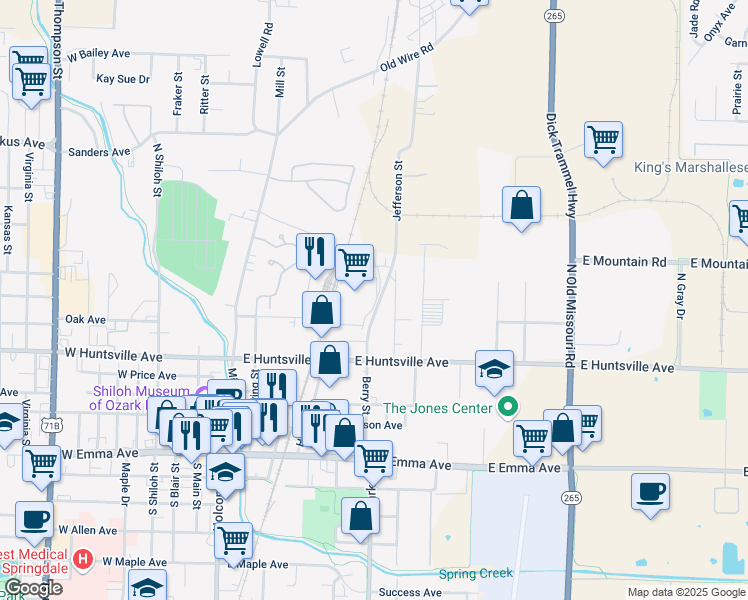 map of restaurants, bars, coffee shops, grocery stores, and more near 609 Berry Street in Springdale