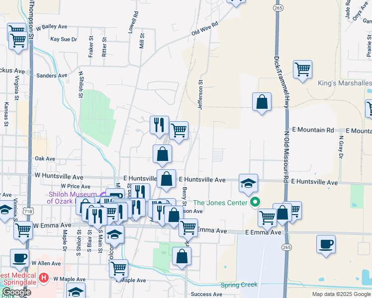map of restaurants, bars, coffee shops, grocery stores, and more near 609 Berry Street in Springdale