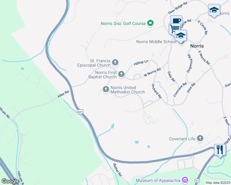 map of restaurants, bars, coffee shops, grocery stores, and more near 115 Oak Road in Powell