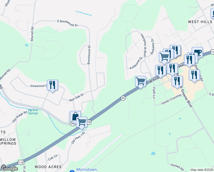 map of restaurants, bars, coffee shops, grocery stores, and more near 420 Beechwood Circle in Morristown