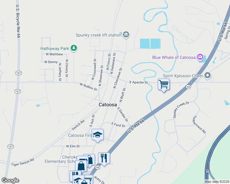 map of restaurants, bars, coffee shops, grocery stores, and more near 206 North Cherokee Street in Catoosa