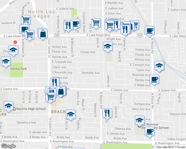 map of restaurants, bars, coffee shops, grocery stores, and more near 2831 Reynolds Avenue in North Las Vegas