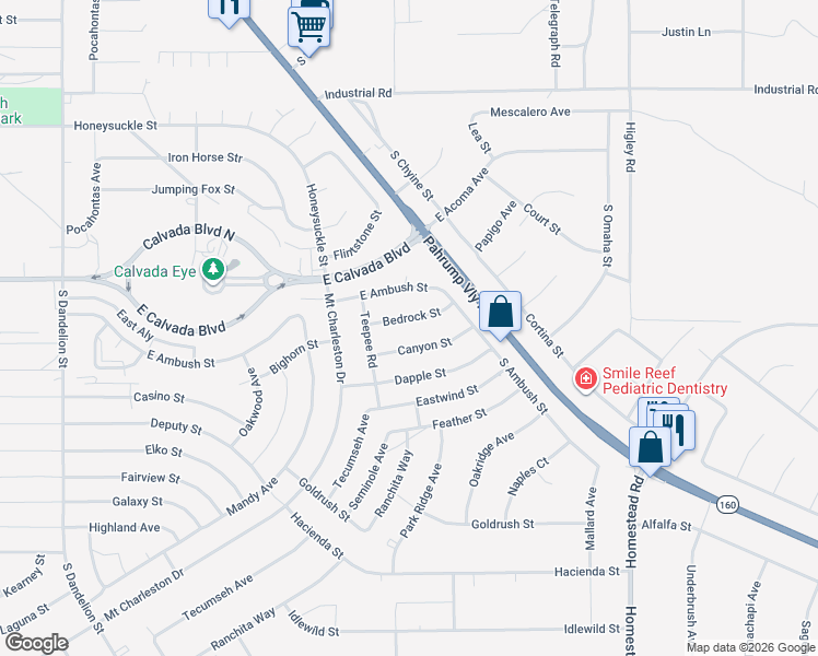 map of restaurants, bars, coffee shops, grocery stores, and more near 2581 Bedrock Street in Pahrump