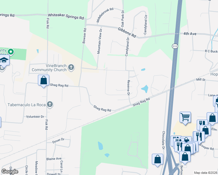 map of restaurants, bars, coffee shops, grocery stores, and more near 1402 Shag Rag Road in Cookeville