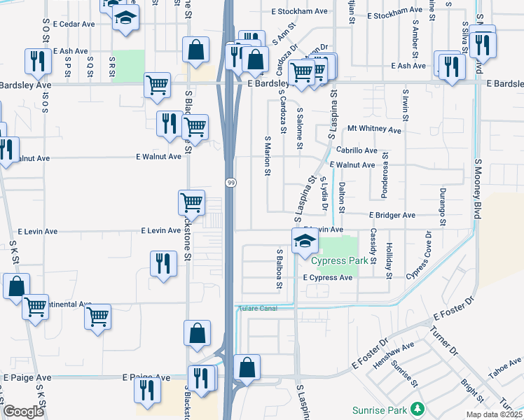 map of restaurants, bars, coffee shops, grocery stores, and more near 1685 S Marion St in Tulare