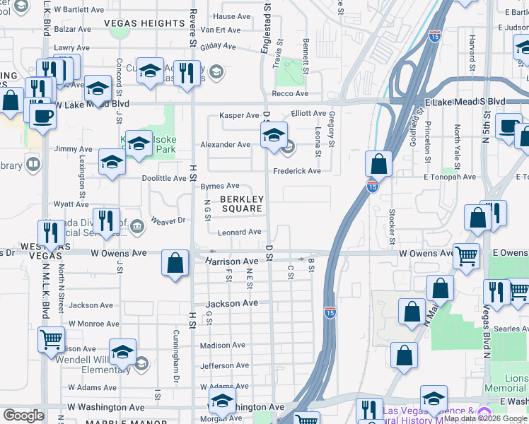 map of restaurants, bars, coffee shops, grocery stores, and more near 1644 D Street in Las Vegas