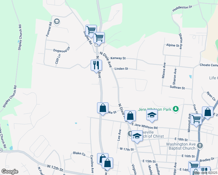 map of restaurants, bars, coffee shops, grocery stores, and more near 70 Lexington Court in Cookeville