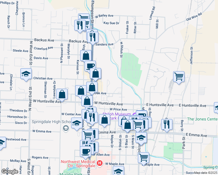 map of restaurants, bars, coffee shops, grocery stores, and more near 620 Oak Avenue in Springdale