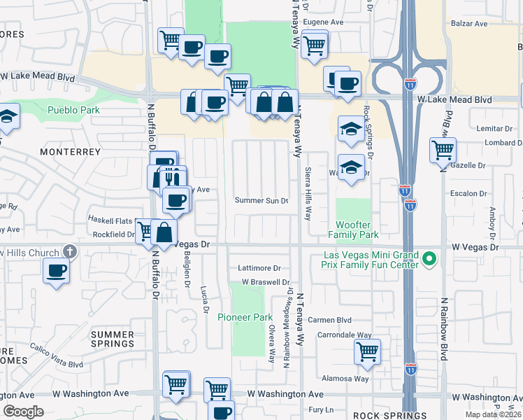 map of restaurants, bars, coffee shops, grocery stores, and more near 7400 Queen Palm Drive in Las Vegas