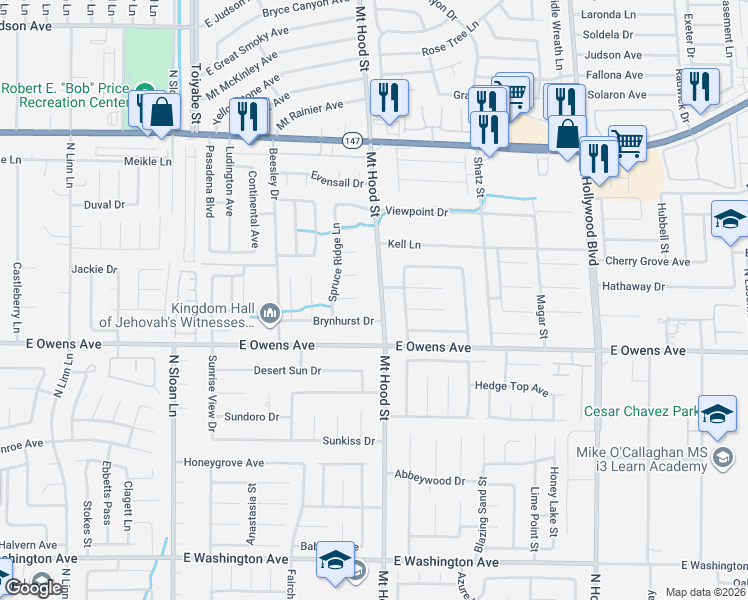 map of restaurants, bars, coffee shops, grocery stores, and more near 1685 Mount Hood Street in Las Vegas