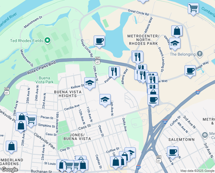 map of restaurants, bars, coffee shops, grocery stores, and more near 469 Ponder Place in Nashville