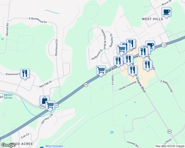 map of restaurants, bars, coffee shops, grocery stores, and more near 4582 West Andrew Johnson Highway in Morristown