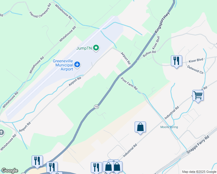 map of restaurants, bars, coffee shops, grocery stores, and more near 1121 Kingsport Highway in Greeneville