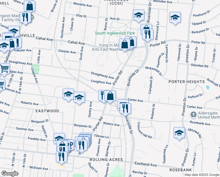 map of restaurants, bars, coffee shops, grocery stores, and more near 1308 Porter Road in Nashville