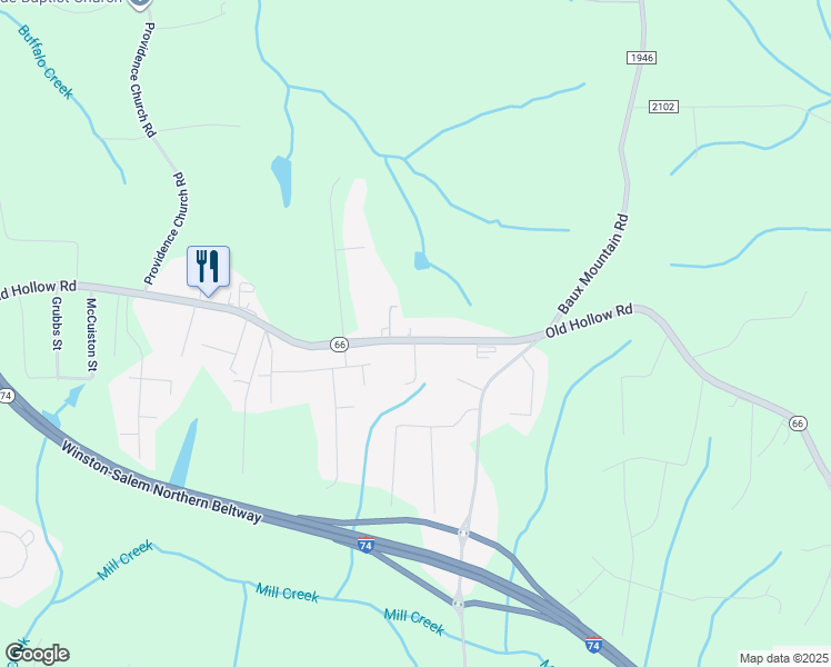 map of restaurants, bars, coffee shops, grocery stores, and more near 1313 Old Hollow Road in Winston-Salem