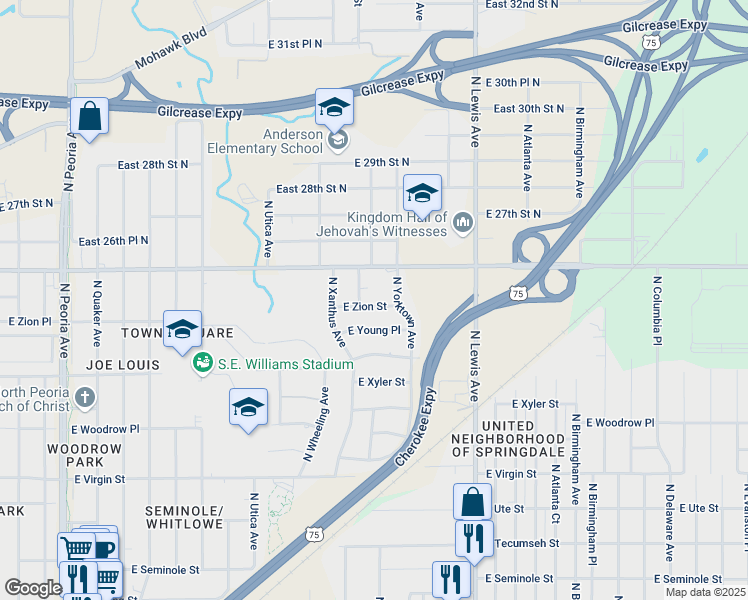 map of restaurants, bars, coffee shops, grocery stores, and more near 2049 East Zion Street in Tulsa