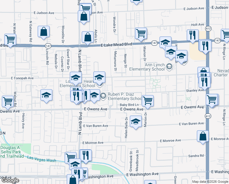 map of restaurants, bars, coffee shops, grocery stores, and more near 1739 Lovebird Lane in Las Vegas