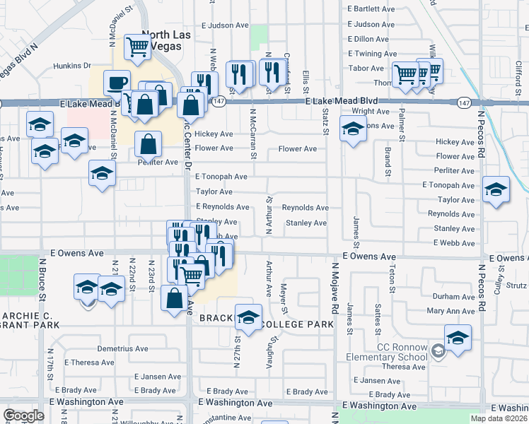 map of restaurants, bars, coffee shops, grocery stores, and more near 1643 North Arthur Street in North Las Vegas