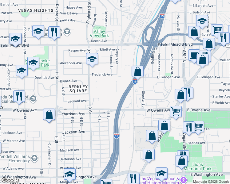 map of restaurants, bars, coffee shops, grocery stores, and more near 1644 Cadillac Lane in Las Vegas