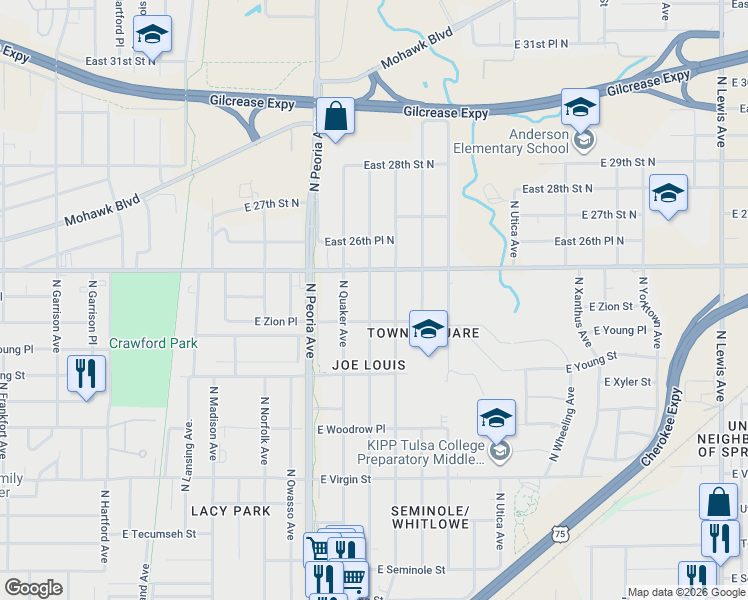 map of restaurants, bars, coffee shops, grocery stores, and more near 2521 North Quincy Avenue in Tulsa